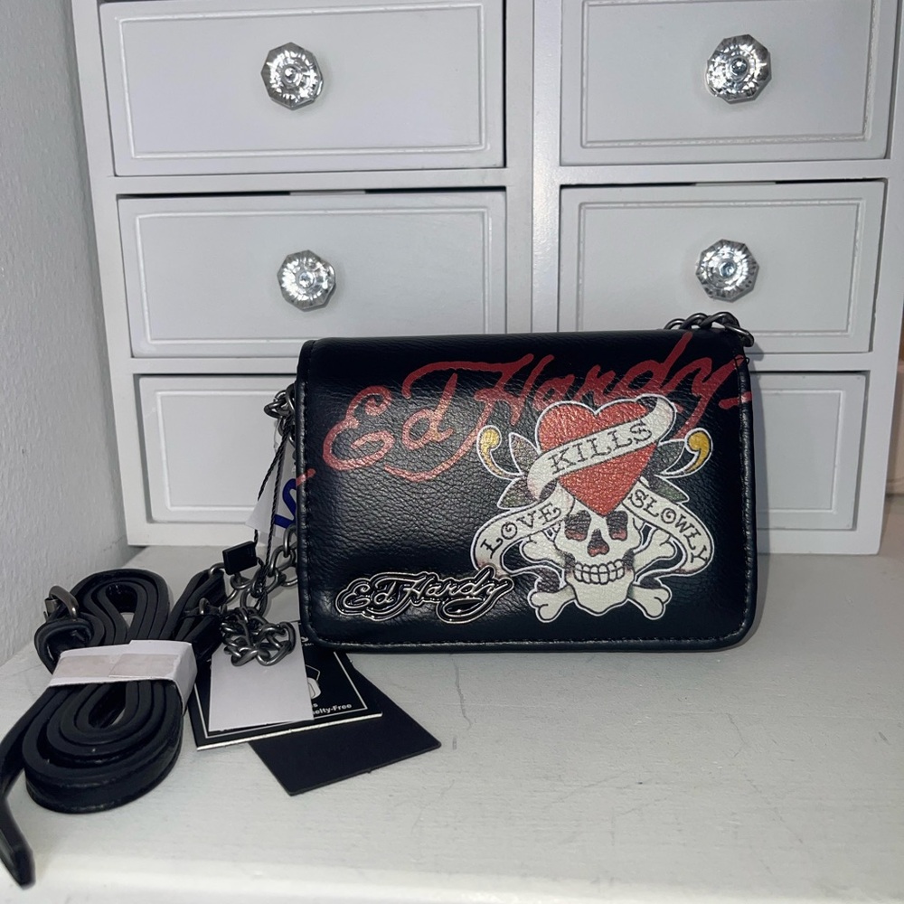 NWT Ed Hardy Black Skull Chain Clutch - Picture 5 of 10